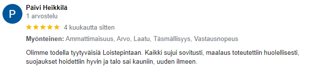 Loistepinta Google arvostelu 4